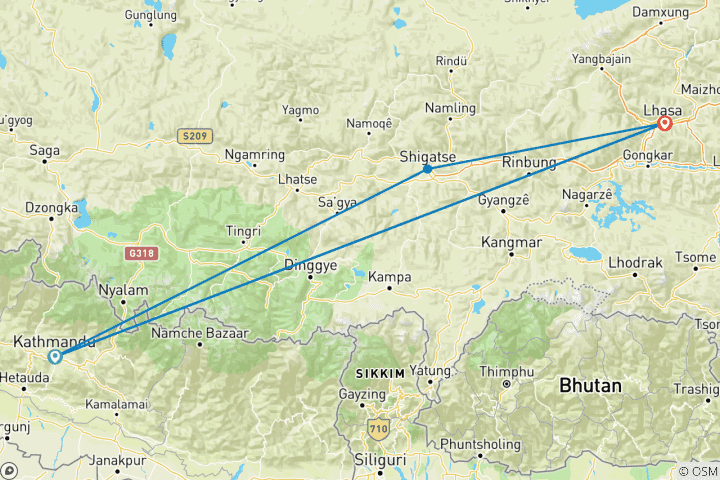 Map of Tibet Lhasa tour with Everest Base Camp Hike-8 Days