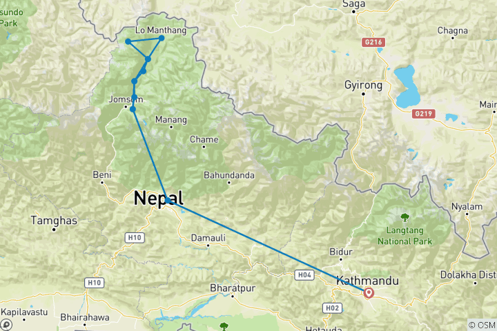 Map of Upper Mustang Trek 14 Days