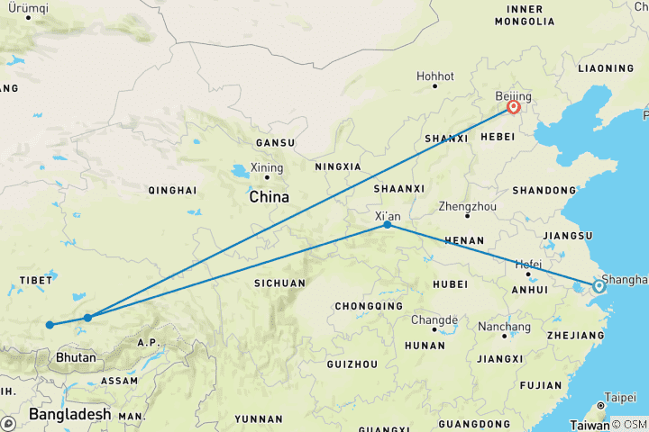 Map of Tailor-Made China and Tibet Odyssey, Daily Depart