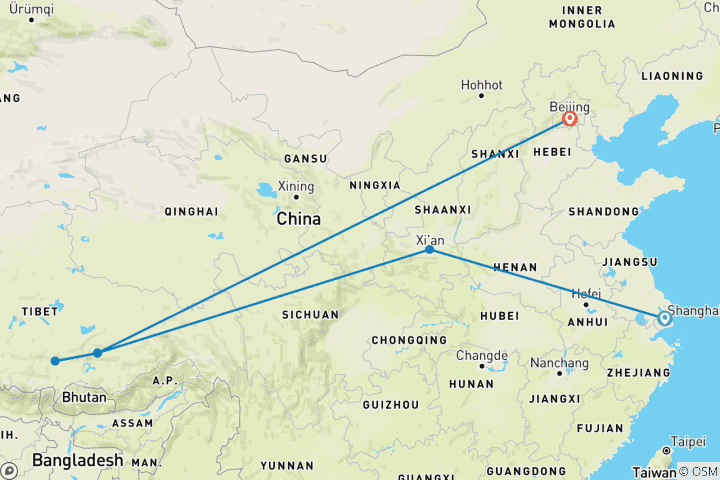 Map of Tailor-Made China and Tibet Odyssey with Daily Departure