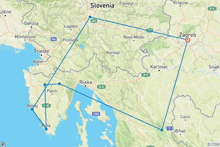 Map of Highlights of Croatia and Slovenia in 3 days PRIVATE TOUR