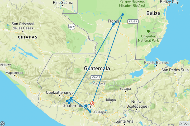 Carte du circuit Aperçu du Guatemala 5 jours/4 nuits