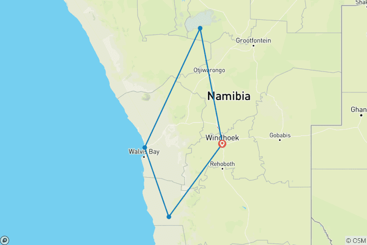 Kaart van 7-daagse Sossusvlei, Swakopmund & Etosha Nationaal Park (logies)