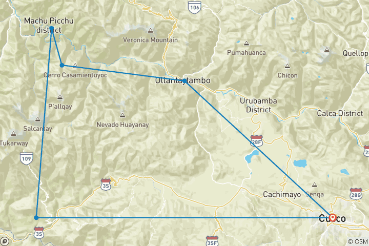 Mapa de La ruta de 5 días Salkantay a Machu Picchu