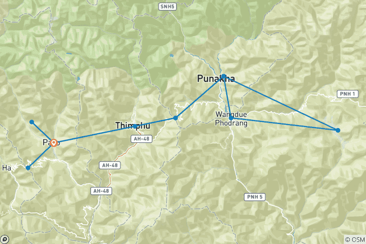 Mapa de Vacaciones a pie en Bután