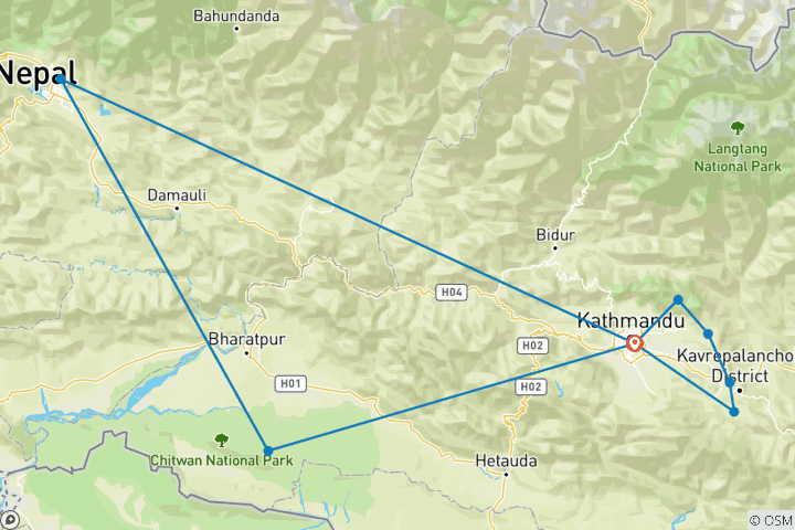 Carte du circuit Trekking au Népal - Rafting - Safari à Chitwan et excursion à Pokhara