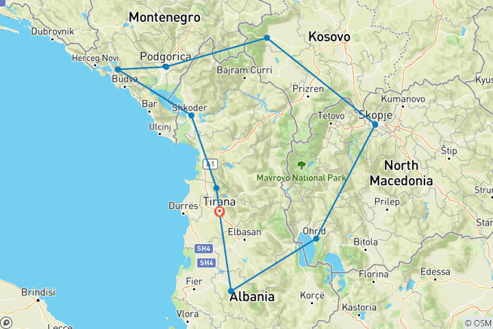 Carte du circuit Visiter l'Albanie - Macédoine du Nord - Kosovo - Monténégro