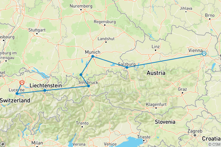 Map of Christmas Markets of Austria, Germany and Switzerland (8 Days)