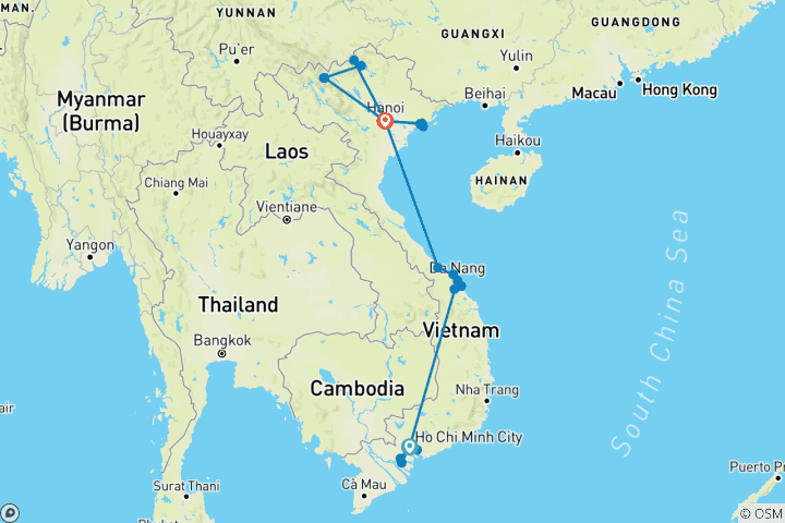 Kaart van Vietnam Klassieke Rondreis 13 Dagen 12 Nachten Van Ho Chi Minh Stad naar Ha Noi
