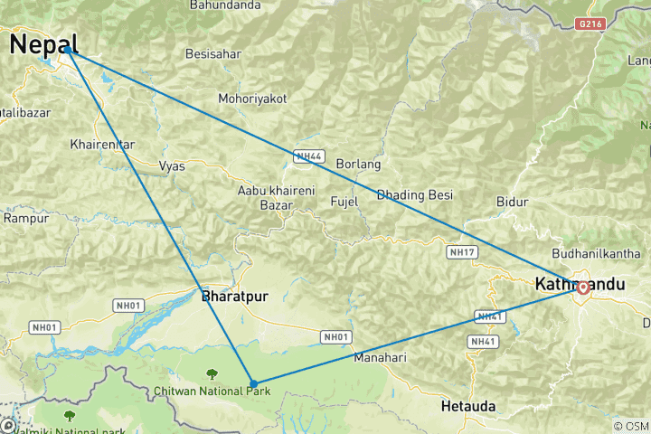 Map of 8 Days Nepal Highlights Tour (Kathmandu, Pokhara, and Chitwan Tour)