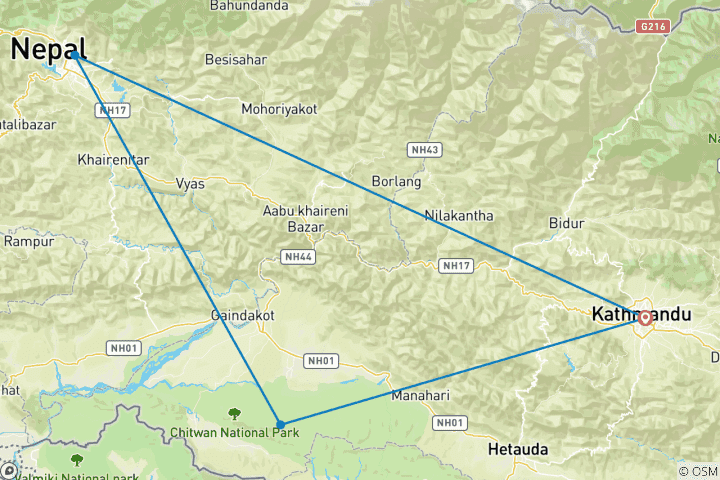 Mapa de Excursión de 8 días por lo más destacado de Nepal - Katmandú, Pokhara y Chitwan