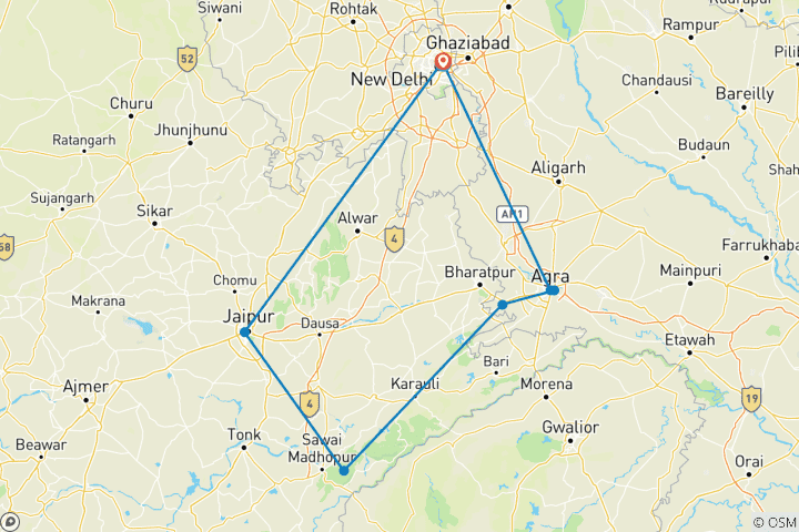 Carte du circuit Le Triangle d'or de l'Inde : Une aventure de 7 jours depuis l'aéroport de Delhi vers Agra, Ranthambore et Jaipur