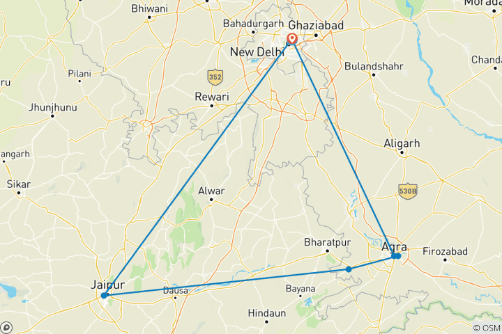 Mapa de Circuito de 4 días al Triángulo de Oro desde el aeropuerto de Nueva Delhi