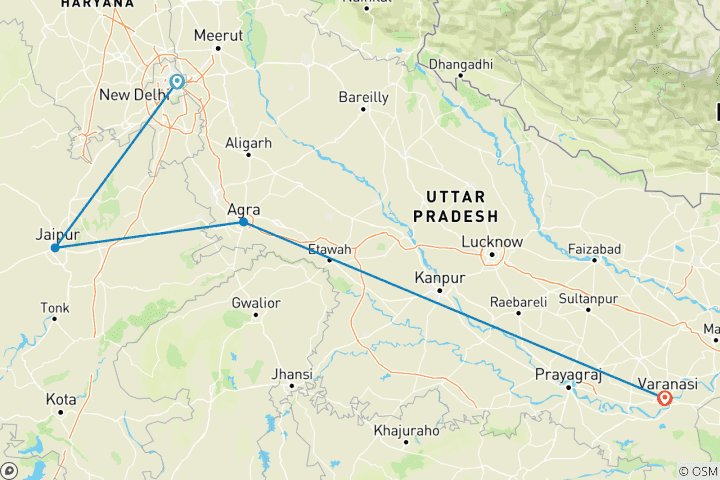 Mapa de Triángulo de Oro con Varanasi Con Hoteles de Lujo de 4 Estrellas