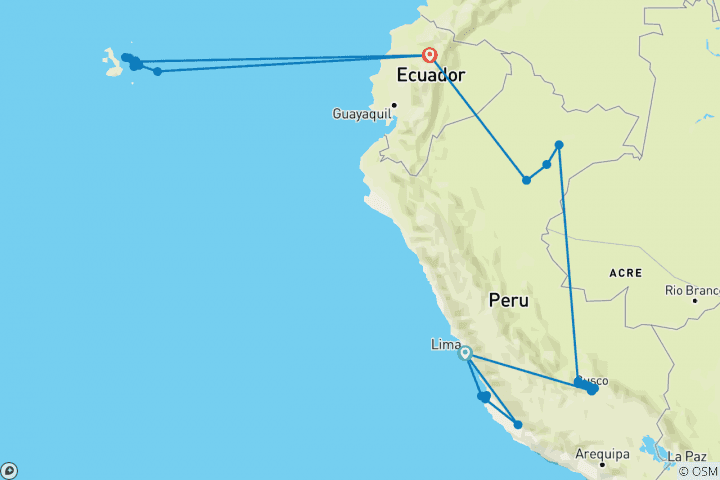 Mapa de Del Imperio inca a la Amazonía peruana con el crucero Líneas de Nazca y Galápagos 2024