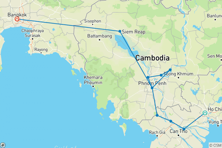 Kaart van Fascinerend Vietnam, Cambodja & de Mekong rivier met Bangkok (Northbound) 2024