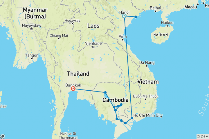 Kaart van Fascinerend Vietnam, Cambodja & de Mekong-rivier met Hanoi, Ha Long Bay & Bangkok (Northbound) 2024