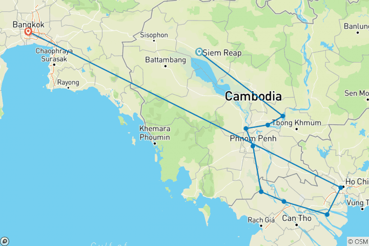 Kaart van Fascinerend Vietnam, Cambodja & de Mekong rivier met Bangkok (Zuidwaarts) 2024