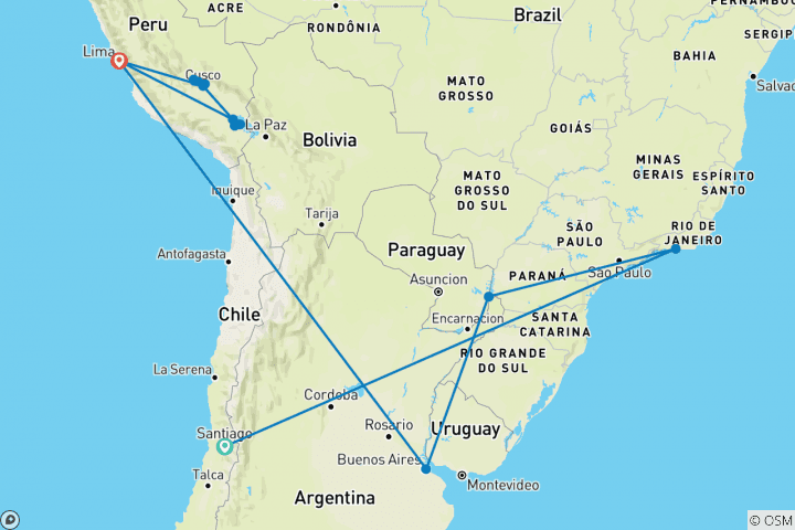 Kaart van De ultieme reis door Zuid-Amerika – met tussenstop in Santiago – 2024