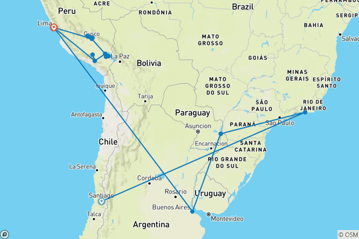 Mapa de Sudamérica con escala en Santiago, Arequipa y el Cañón del Colca 2024 - Ultimate