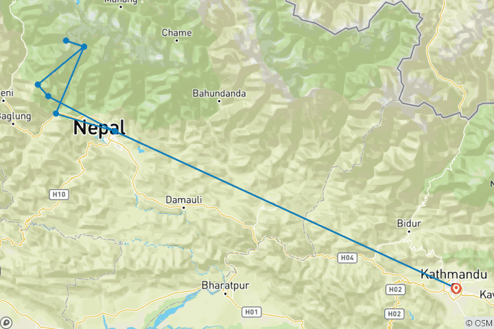 Carte du circuit Trek du camp de base de l'Annapurna - 14 jours d'aventure au Népal
