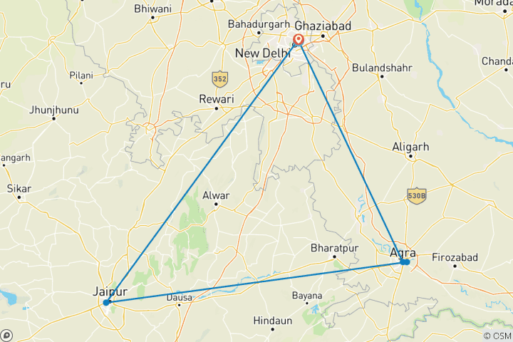 Mapa de Patrimonio 3 Días Triángulo de Oro con Taj Mahal al Amanecer Desde el Aeropuerto de Delhi