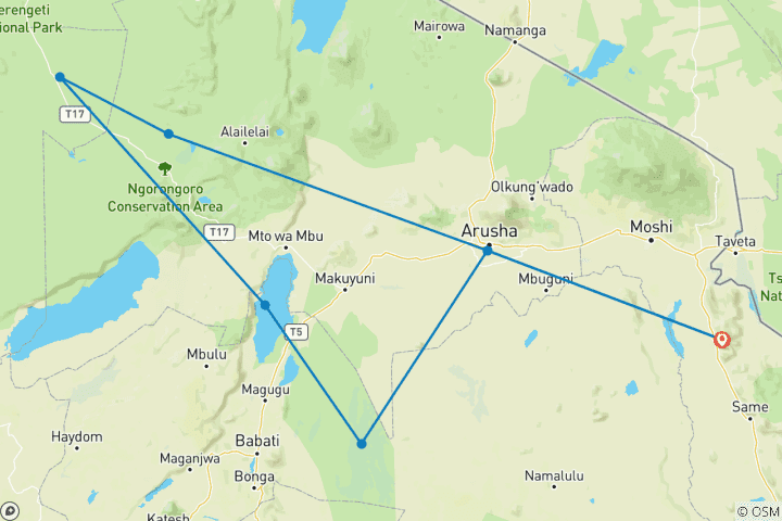 Mapa de 7 días - expedición lo mejor de Tanzania - safari privado