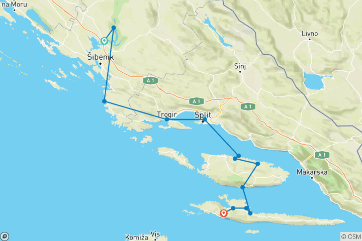 Carte du circuit Les îles de la côte dalmate à vélo