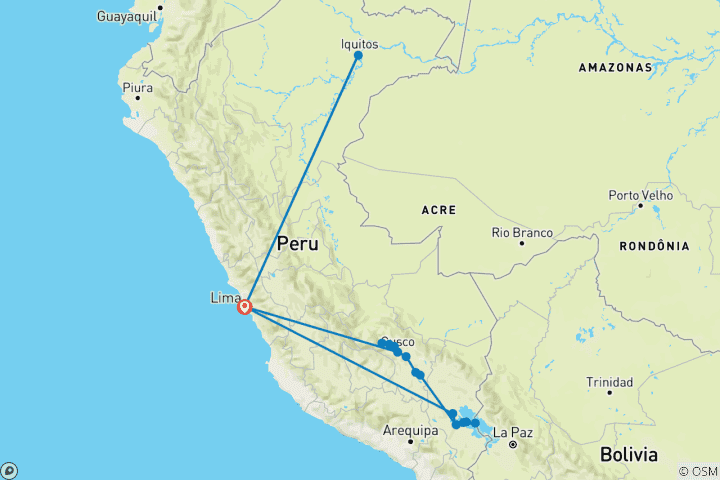 Karte von Peru Rundreise: Amazonas Fluss - Machu Picchu - Titicaca-See - 14 Tage