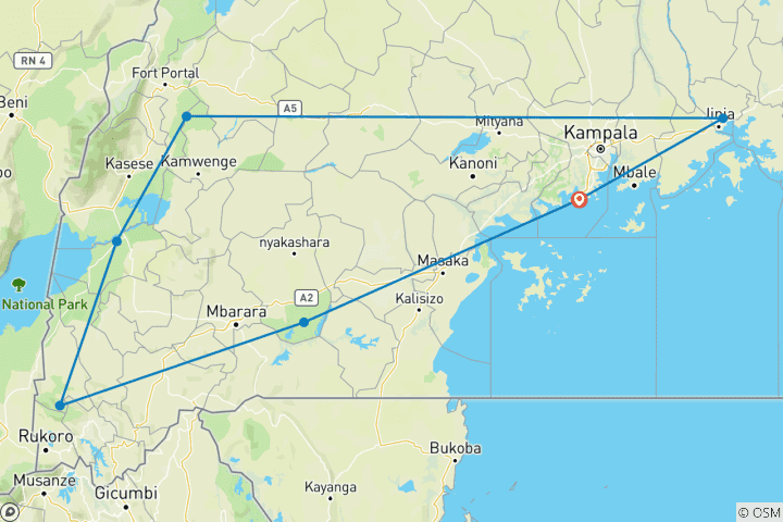 Carte du circuit 10 jours de safari en Ouganda - gorilles et gibier