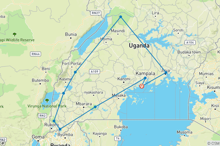 Map of 15 days Uganda Wildlife and Activity Holiday