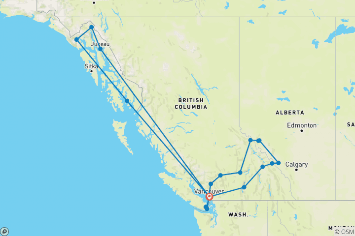 Carte du circuit Les Rocheuses canadiennes avec croisière en Alaska