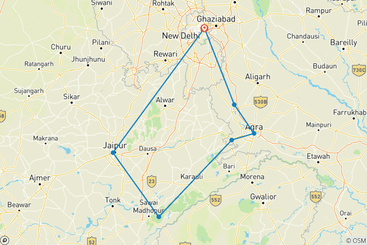 Carte du circuit Pour l'amour du Taj et du tigre - Triangle d'or de l'Inde et Ranthambore avec 3 safaris tigre