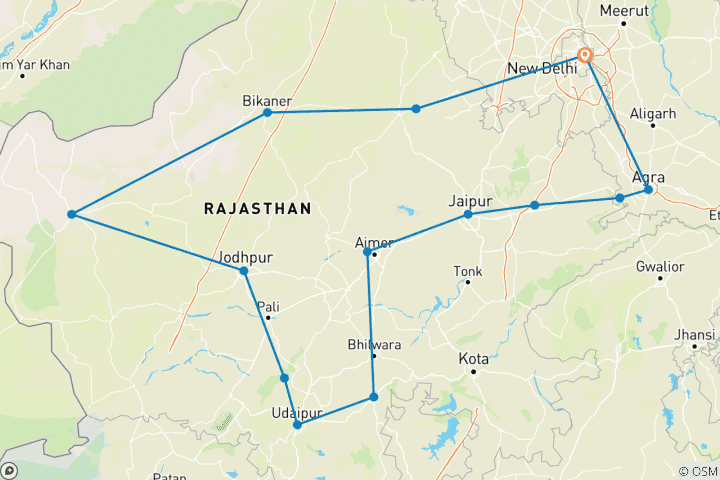 Map of Royal Rajasthan Tour (Delhi, Mandawa, Bikaner, Jaisalmer, Jodhpur, Udaipur, Pushkar, Jaipur, Agra, Delhi)