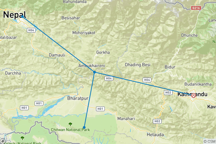 Carte du circuit Katmandou, Pokhara, Chitwan - 8 jours