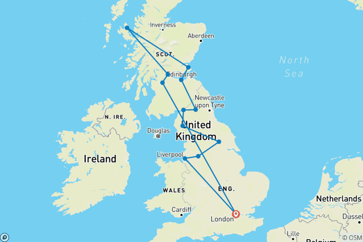 Carte du circuit Angleterre et Écosse (jusqu'en mars 2025, fin à Londres, 9 jours)