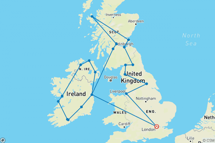 Kaart van Groot-Brittannië & Ierland – 16 dagen (22 bestemmingen)