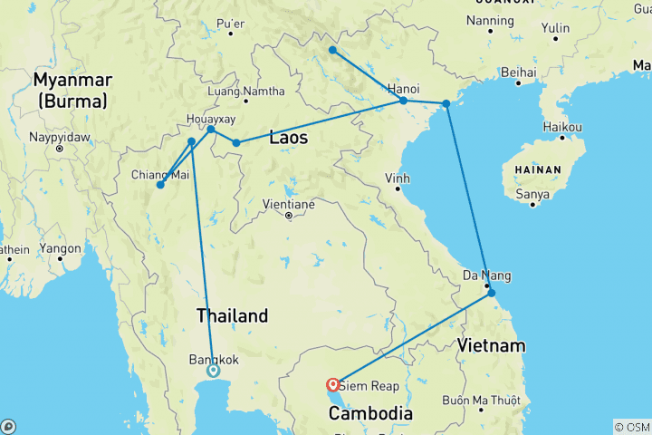 Kaart van Onvergetelijk Thailand, Laos, Vietnam & Cambodja - 21 dagen, 20 nachten