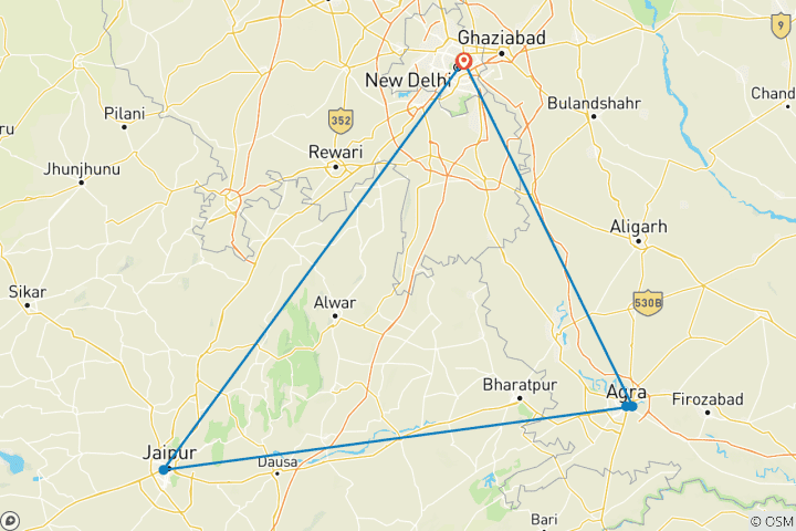 Map of 3-Day Private Golden Triangle Tour: Delhi, Agra & Jaipur – Taj Mahal Sunrise & Royal Palaces