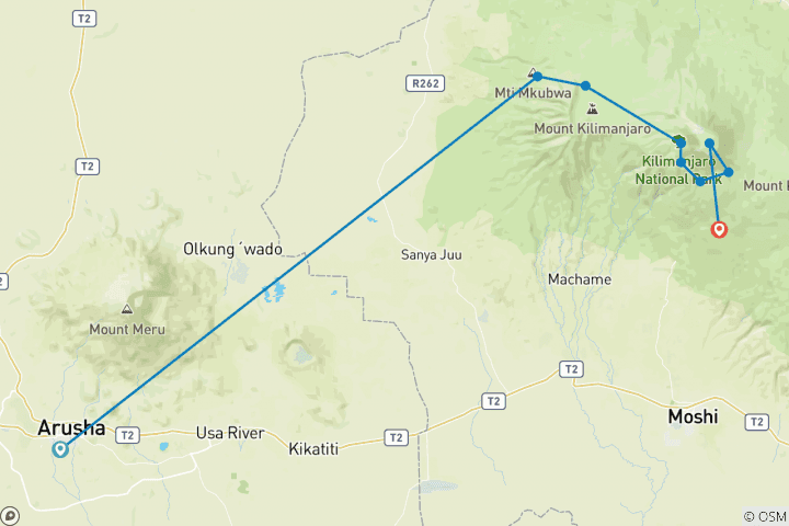 Map of 9 Days Kilimanjaro climbing  Lemosho Route