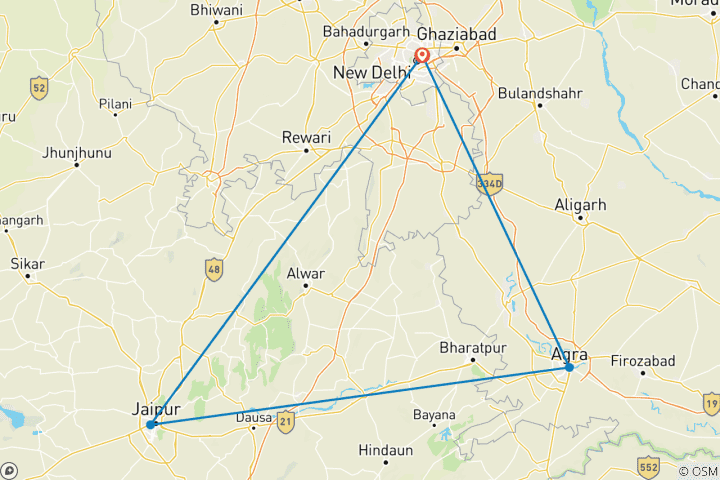 Map of 3 Day Golden Triangle Tour with Taj Mahal Sunrise/Sunset