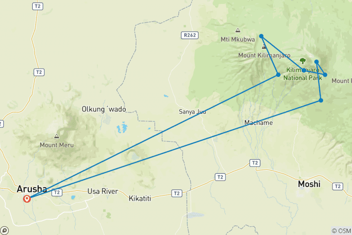 Map of 8 Days Kilimanjaro climbing machame route