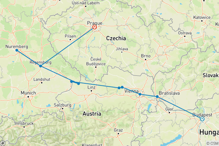 Kaart van Kerstmarkten aan de Donau & klassiek Praag – 2024