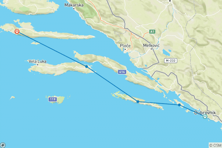 Map of Adventure Sailing Dubrovnik – Hvar with Huck Finn Catamaran