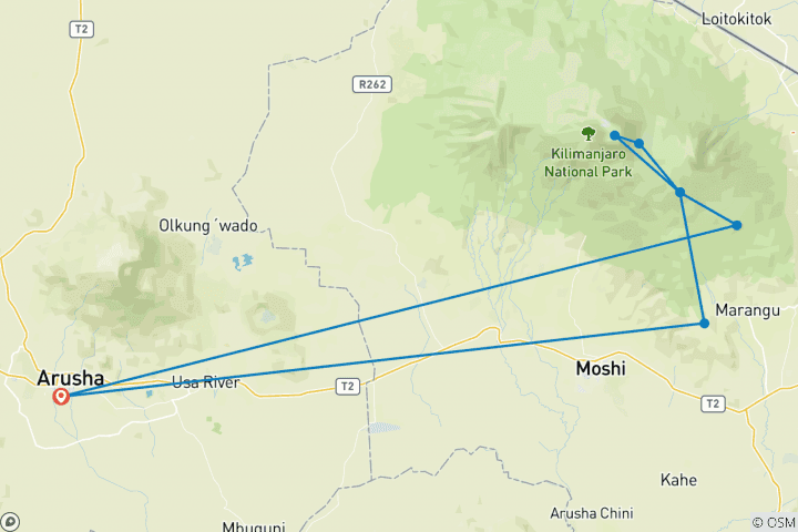 Map of 7 Days Kilimanjaro climbing  Marangu Route