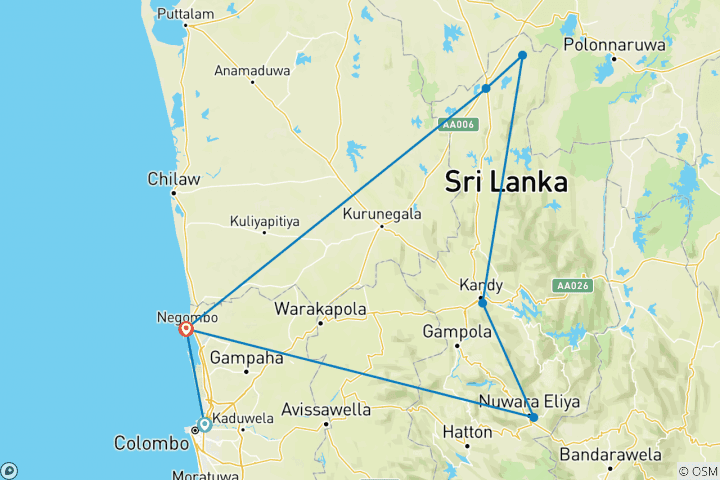 Mapa de Excursión en miniatura por Sri Lanka - 4 días - posibilidad de cambiar gratuitamente a excursión privada