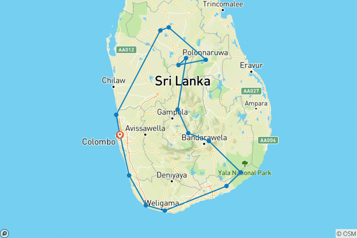 Mapa de El viaje supremo por Sri Lanka - 15 días - mejora gratuita a circuito privado disponible