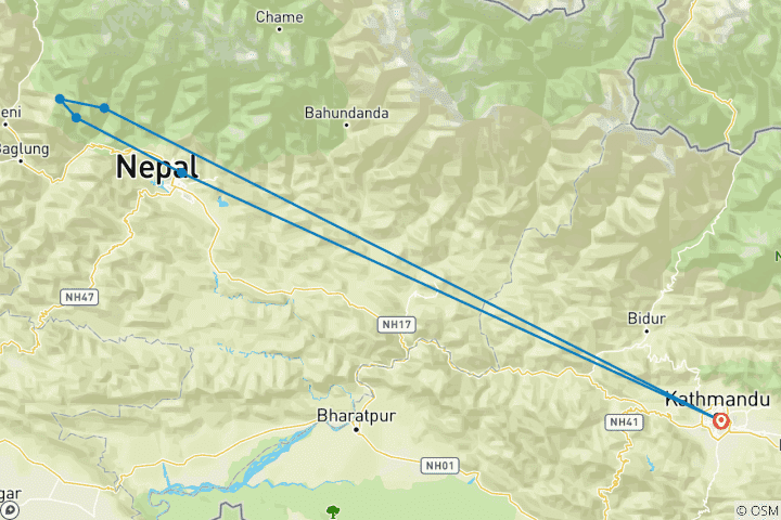 Carte du circuit Trek de Ghorepani Poon Hill - 8 jours