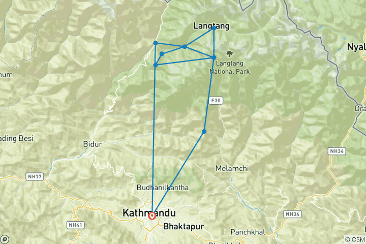Carte du circuit Trek de la vallée du Langtang et du lac Gosainkunda