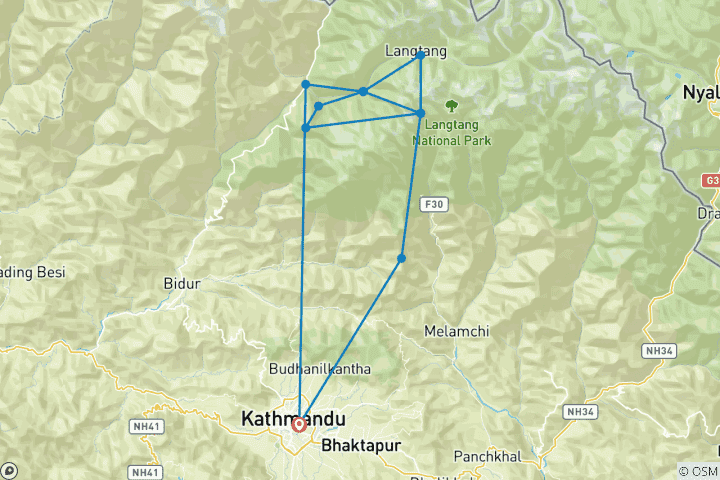 Kaart van Trektocht door de Langtang-vallei & langs het Gosainkunda-meer